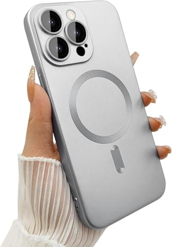 Image of DIZORO Magnetic Case for iPhone 15 Pro Case [Compatible with MagSafe][Built-in Camera Lens Protector] Slim Soft Silicone Bumper Shockproof Metallic Luster Back Cover Phone Case (White)