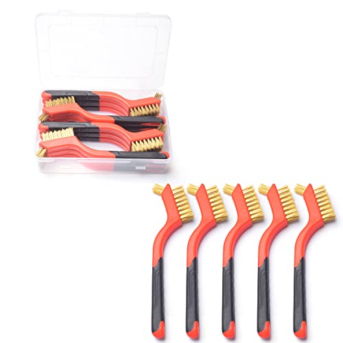 Image of Wire Brush Set, 12 Pcs Brass /Stainless Steel /Nylon Wire Brushes for Cleaning with Curved Handle Grip for Rust Removal, Dirt, Paint Scrubbing (Brass)
