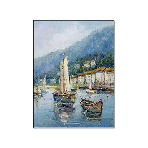 Posters Mediterranean Landscape Oil Painting Seascape With Yacht Impressionist Wall Art Canvas Wall Art Prints For Wall Decor Room Decor Bedroom Decor Gifts 24X32Inch(60X80Cm) Frame-Style #TOP23