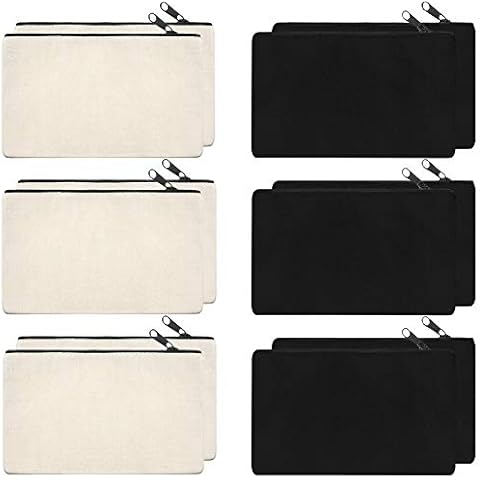 SAKOLLA 12 Pack Canvas Zipper Bags, Multi-Purpose Blank DIY Craft Pouches for Makeup, Travel, Party Gift Case, Pencil Case, Organize Storage (Black,White, 8 x 5 inches) Cover