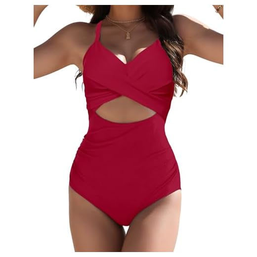 Buauty Maiô feminino com controle de barriga com recorte sexy, cobertura total, roupa de banho feminina 2024, Vermelho, M