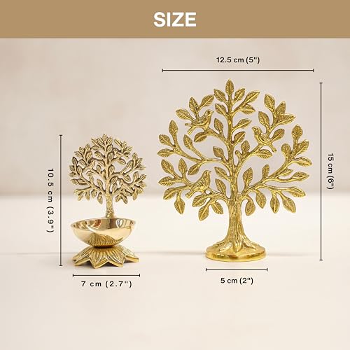 Image of BEHOMA Brass Kalpvriksh Tree with Birds (5.9 inch) & Kalpavriksha Diya (4.1 inch) Combo | Kalpavriksha Tree of Life Showpiece for Table | Vastu Home Decor & Puja Temple Ornament | Good Luck Gift