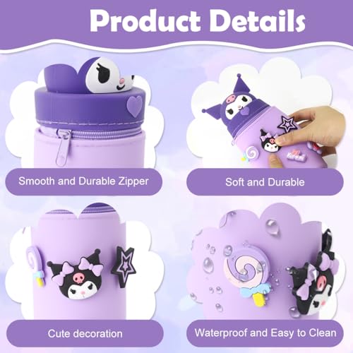 PATPAT Kawaii Pencil Pouch Pen Holder For Girls Sanrio Cartoon Kuromi Silicone Pencil Pouch Diy Fun Pen Holder With Kuromi Charms School Stationeries Bag Birthday Gift Christmas Gift For Girls, purple