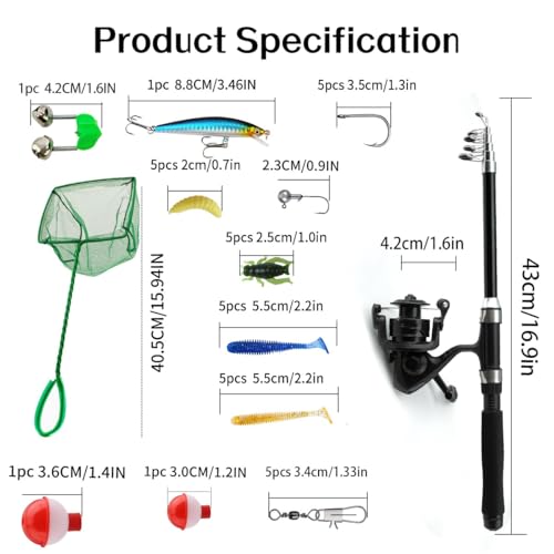 Nyganmelloz 23Pcs Rod Reel Combo, 1.8m Carbon Fiber Telescopic Fishing Pole and Reel Combo with Line Lures Tackle Hooks Reel Carrier Bag Fishing Rod Set for Adults Travel Saltwater Freshwater