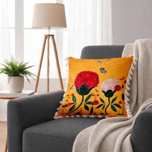 Image of STITCHNEST 'Little Meadow Series' Tassled Cushion Cover | Set of 5 | Floral Cushion Cover 16 inch x 16 inch
