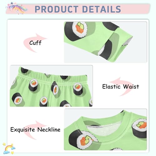 Pajama Sets Long Sleeve Sushi Rolls Green Background Soft Comfy Sleepwear 2 Piece PJS 3-8T4