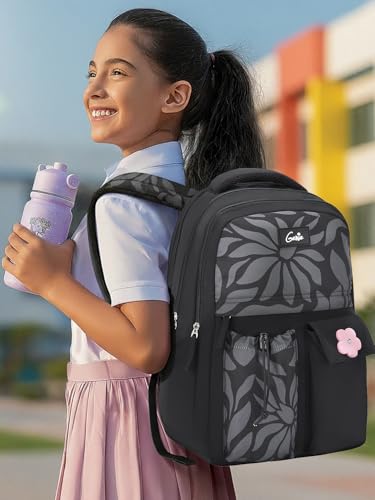 Image of Genie Poetry School Backpack For Girls |17 Inch-27 Litres With Three Compartments, Light Weight with Padded Shoulders |Best for Books, Water Bottles, Stationery, Lunch Box & Essentials - Black