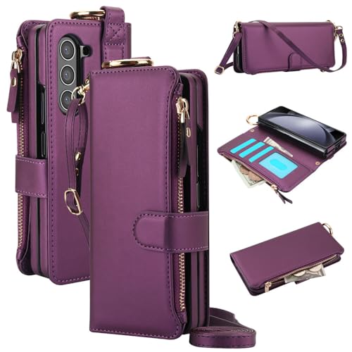 Étui Samsung Galaxy Z Fold 3 violet en cuir avec portefeuille zippé et bandoulière
