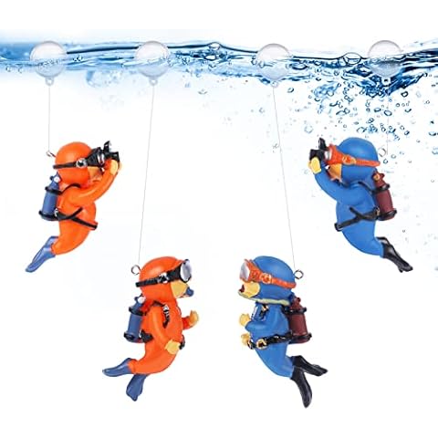 Pinenuts 4 Pack Fish Tank Decorations, Lovely Little Diver Aquarium Decoration, Cute Floating Diver Landscape Ornament for Home, Office Aquarium Accessories(Blue + Orange) Cover