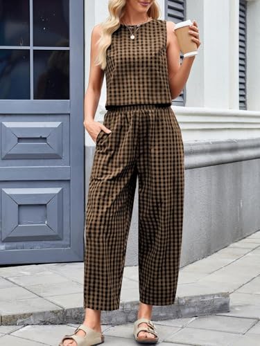 Womens Cotton Checker Set 2 Piece Beach Vacation Outfit Summer Tank Top Pants Suit4