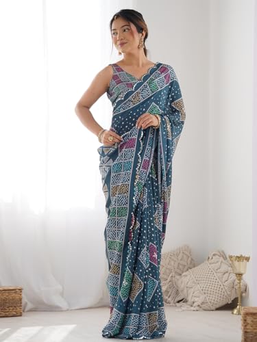 Image of Panzora Women's Chinon Printed Saree With Unstitched Blouse Piece