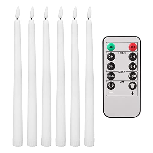 Teynewer LED Taper Candles with 10-Key Remote Battery Operated Flameless Taper Candles Pack of 6 Warm White 3D Wick Flickering Light Dinner Candle for Christmas Home Wedding Decor (0.78 X 11.2 Inch)