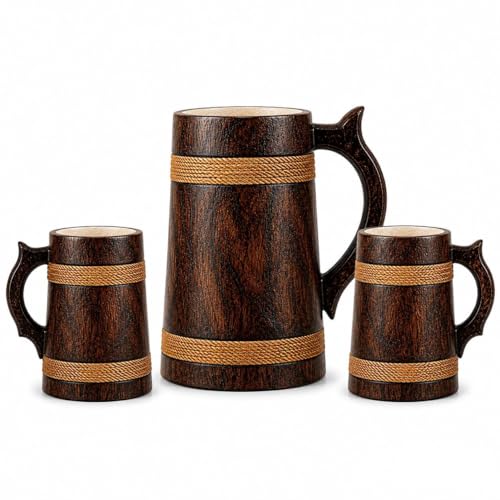 Image of Wooden Beer Bar Combo Set | Barrel Shaped Jumbo Mug | 2 Small Beer Mug 300ML (5 x 4 inches Each) & 1 Large Beer Jug 750ML (Plain Design)