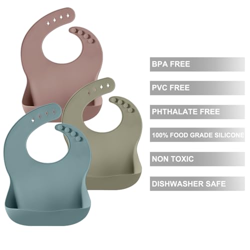 Image of PandaEar Set of 3 Silicone Baby Bibs, Waterproof Soft Adjustable Bibs for Babies Toddlers 10-72 Months