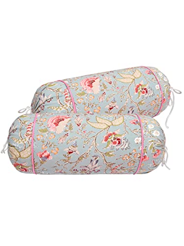 Image of Clasiko Cotton Bolster Covers; Set of 2; 220 TC; Grey Flowers & Green Leaves; 30x15 Inches; 42098