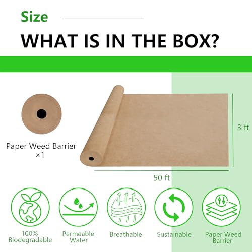 Image of Biodegradable Weed Barrier, 3 x 50 Ft Heavy Duty Garden Paper Biodegradable Landscape Fabric Paper Garden Mulch Rolls Weed Barrier for Weeds, Paper Mulch Rolls Garden Paper for Outdoor Garden Lawn