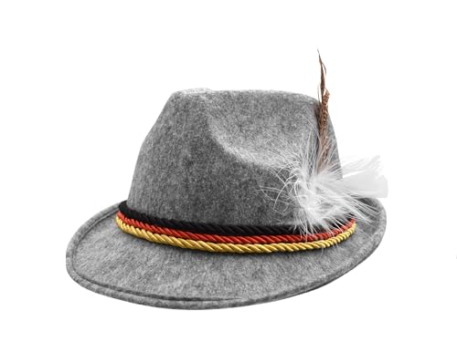 Nicky Bigs Novelties Deluxe Wool Felt Oktoberfest Alpine Hat for Adults German Tyrolean Fedora with Feather & Cord Trim Bavarian Festival Costume Prop in Grey Unisex for Men Women
