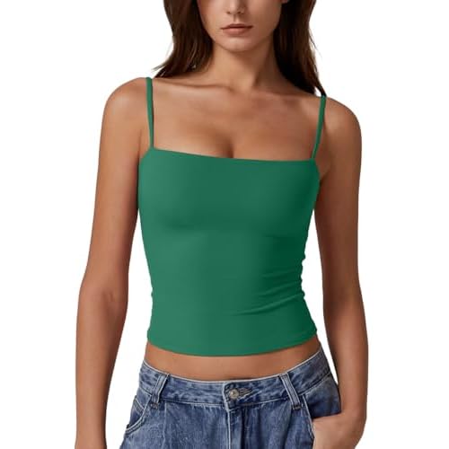 QINSEN Women's Square Neck Camisole Tank Top Adjustable Spaghetti Straps Sleeveless Basic Cami Shirts Clover Green M