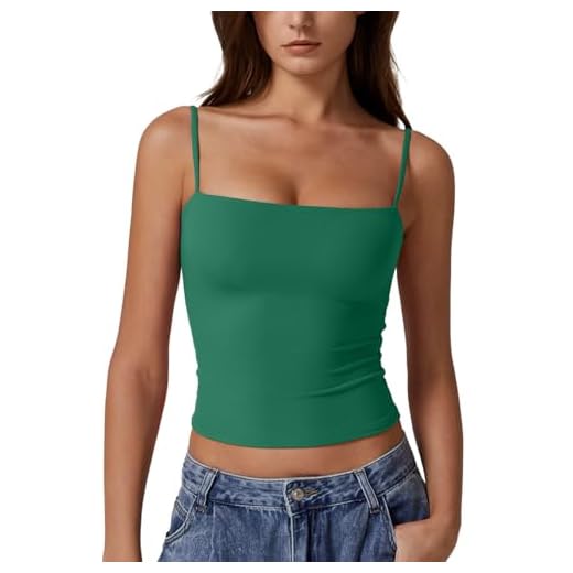 QINSEN Women's Square Neck Camisole Tank Top Adjustable Spaghetti Straps Sleeveless Basic Cami Shirts Clover Green M