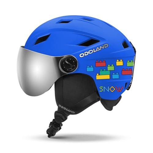 Odoland Kids Ski Helmet with Visor Goggles for Boys Girls, Adjustable Toddler Snowboard Helmet with Magnetic Buckle Strap for Children Ages 3-12 for Skiing Matte Blue S (52-55cm)