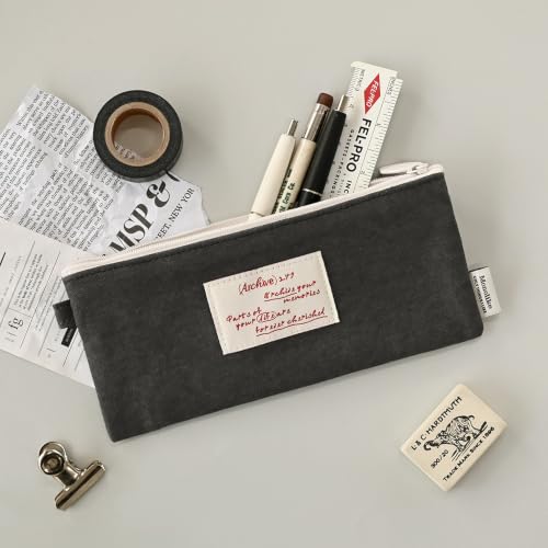 Image of Monolike Archive247 Faded Pencil Case, Dark Gray - Classic Muted Tone Desk Organizer, Vintage Minimalist Writing Instrument Pouch