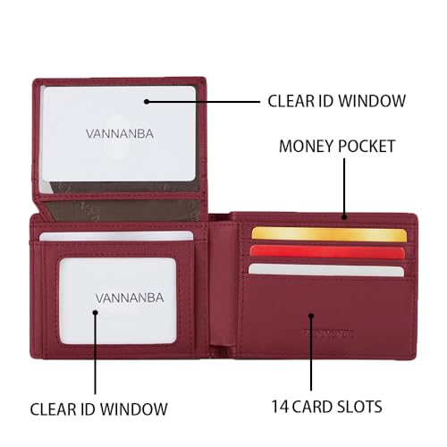 VANNANBA Wallets for Men 14 Card Holder Slim mens Rfid blocking Leather wallet 2 ID Window Bifold Card Wallet,with Gift Box4