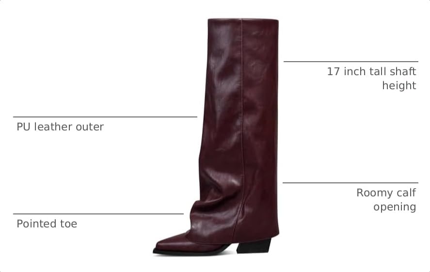 Image of Women's Fold Over Knee High Boots Wide Calf Chunky Heel Long Boots | Women Pointed Toe Tall Boots, Fashion Slouchy Boots, Side Zipper Shark Boots, Dress Tall Boots for Fall Spring Winter