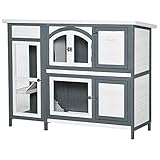 Pawhut Conejera de Madera Exterior de 2 Niveles Jaula Grande para 2-4 Conejos con Techo Asfáltico Puertas 145x48x108 cm Gris y Blanco