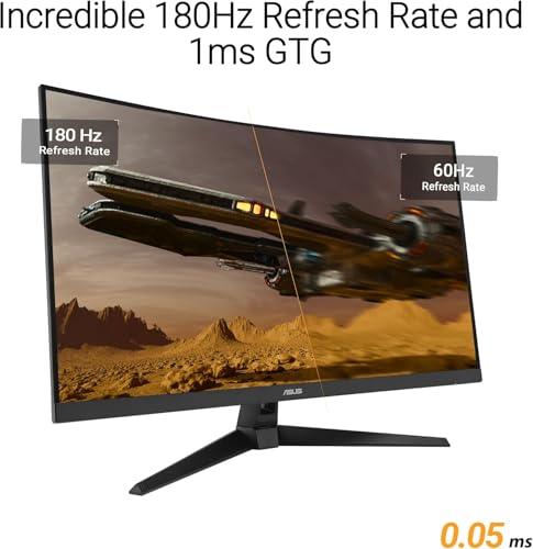 Image of ASUS TUF Gaming 31.5 inch Curved HDR Monitor - QHD (2560 x 1440), 180Hz, 0.5ms, 1500R, Fast IPS, ELMB, AMD FreeSync, 90% DCI-P3, Low Blue Light, DisplayPort & 2 x HDMI, Tilt, VESA, Black