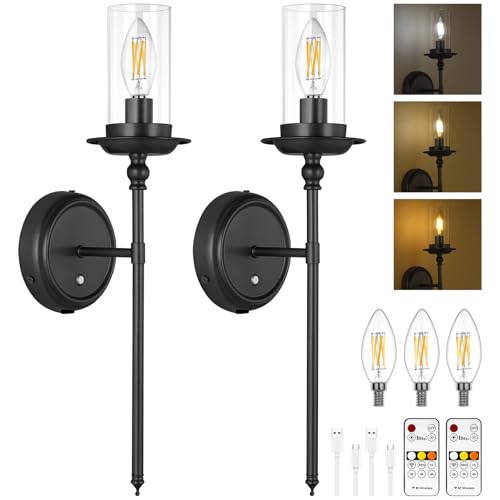 ABOHU Juego de 2 Apliques de Pared Que Funcionan con Pilas, USB Recargable Apliques Sin Cable Batteria Regulable con Control Remoto y Bombillas Carga Desmontables, para Salón, Dormitorio (Negro)