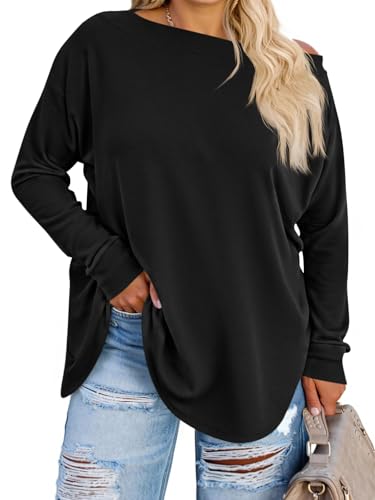 Beautife Women's Plus Size Tops Off Shoulder Long Sleeve Loose T Shirts Casual Curved Hem Tunics Tee Shirt