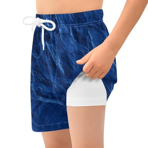 GuoChe Boys Swim Shorts Boys Drawstring Volleyball Shorts Double Layer Dark Royal Blue Slate Slab2