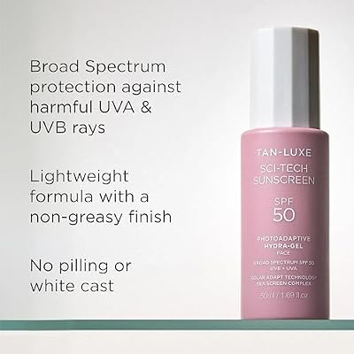 Tan-Luxe Sci-Tech Sunscreen, Lightweight Photoadaptive Hydra-Gel Face Sunscreen, Clear, Non-Greasy, Broad Spectrum UVB & UVA Protection, Vegan & Fast-Drying, 1.69 fl. oz/50 ml Bottle
