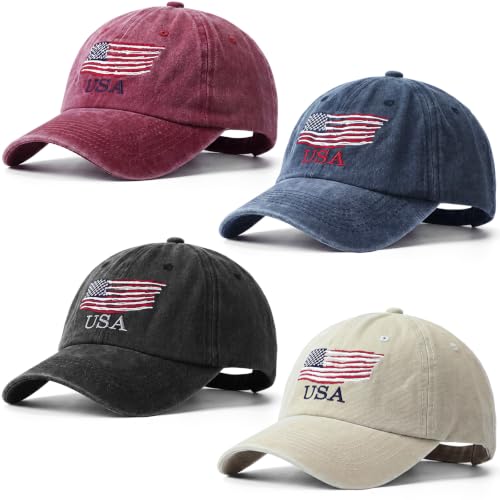 Image of Geyoga 4 Pack USA Flag Baseball Cap Washed