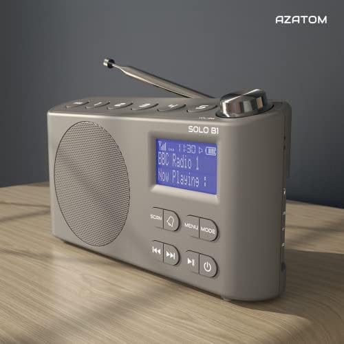 DAB DAB+ FM Digital Radio, Bluetooth, Portable, Dual Alarm, Rechargeable Battery & Mains, AUX, Headphone, 60 Presets, Sleep timer (AZATOM Solo B1 Grey)