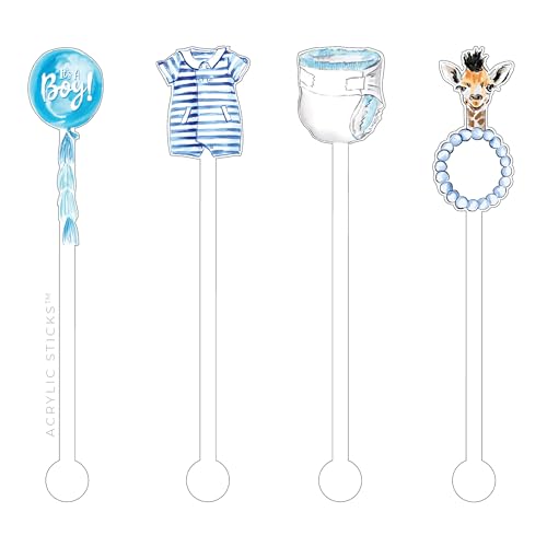 Acrylic Sticks Co. IT'S A BOY ACRYLIC STIR STICKS 4PC COMBO PACK, Decorative Stir Sticks for Cocktails, Acrylic, Washable & Reusable, BPA Free, 6.25