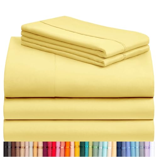 Image of LuxClub Split King Sheets for Adjustable Bed, Deep Pocket Split King Sheets Set 5PC, Cooling Sheet Split King Size, Soft Hotel Luxury Bedding, Silky Fitted Sheet & Pillowcase Sets, Lemon Yellow