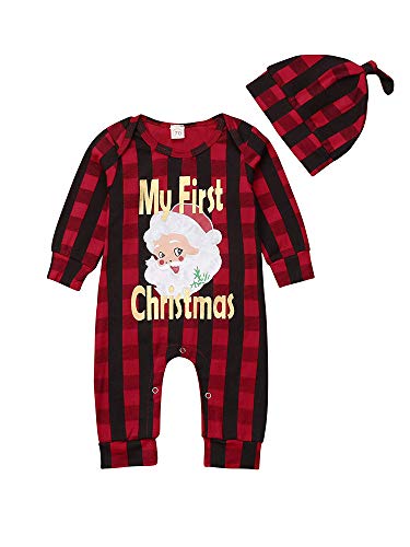 2Pcs Newborn Baby Girls Boys My First Christmas Santa Claus Christmas Plaid Romper Jumpsuit Hat Outfits Set (Red, 18-24 Months)
