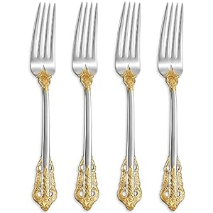 KEAWELL Luxury Dinner Fork Set of 4 1810 Stainless Steel 8 Inches Dishwasher Safe Mirror Polished Silverware Fork Set Gold Accent