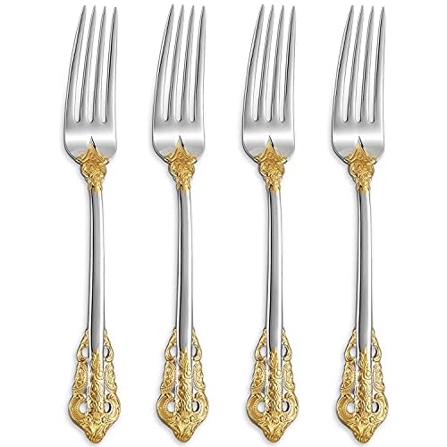 KEAWELL Luxury Dinner Fork, Set of 4, 18/10 Stainless Steel, 8 Inches, Dishwasher Safe, Mirror Polished, Silverware Fork Set (Gold Accent)