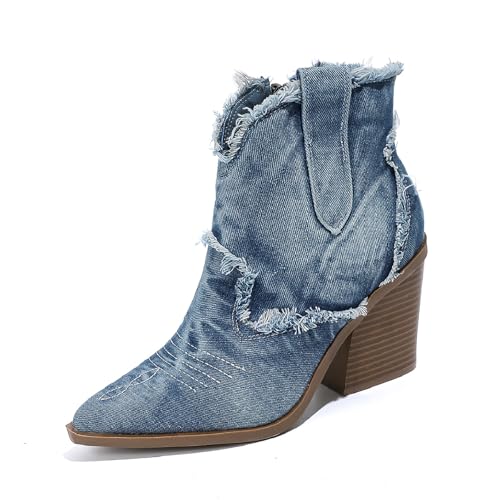 Women's Embroidery Denim Western Cowboy Ankle Boots With Side Zipper Fashion Pointed Toe Stack Heel Cowgirl Mid Calf Boots Comfort Walking Dress Booties