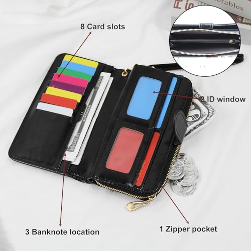 Women Wallet, Leather Large Capacity Card Wallet with Snap and Zipper Long Clutch Wallet for Travelling Shopping (Black)4