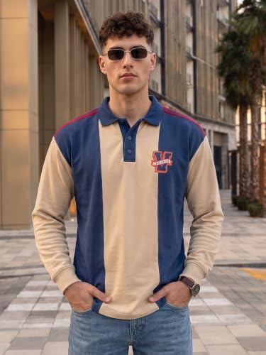 Image of Veirdo Men's Loopknit Cotton Oversized Baggy Fit | Full Sleeve Polo T-Shirt | Casual Streetwear with Ribbed Cuffs Travel | Sizes: S to XXL