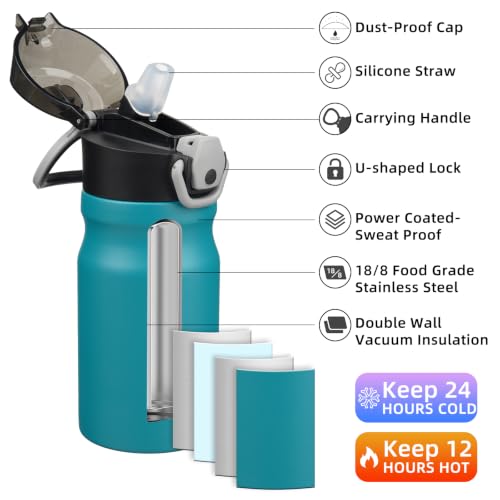 Image of BJPKPK 14 oz Insulated Water Bottle, Straw, Handle, Stainless Steel Flask | Leak Proof Locking Lid, Double Wall Vacuum, Keeps Hot /Cold, BPA Free, Dishwasher Safe, Travel & Sports, Laguna