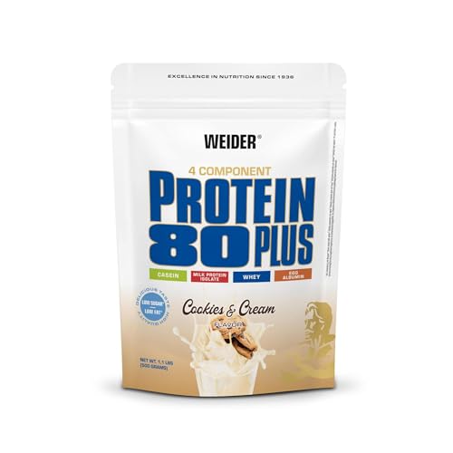 Weider - Protein 80 Plus - 4-Komponenten Protein Pulver - Hoher Proteingehalt mit 80% Eiweiß - Cremige Shakes mit Calcium & Vitamin B6-500g - Cookies & Cream