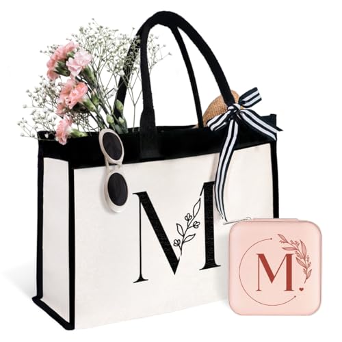 SANDJEST Travel Jewelry Case Letter M Monogrammed & Canvas Tote Bag with Initial