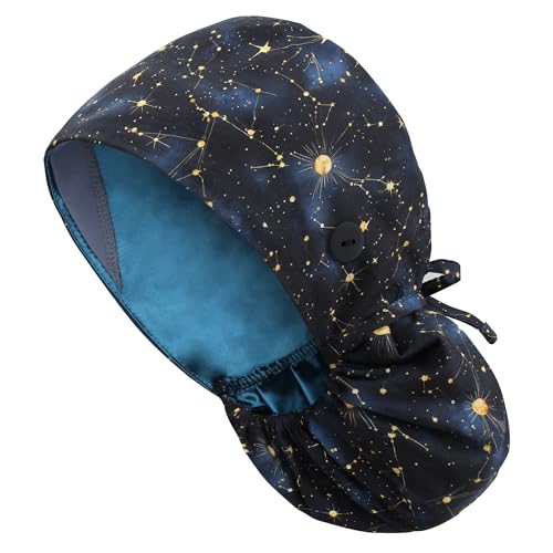 diffetape Satin Lined Scrub Cap, Scrub Hat Ponytail Women, Surgical Cap with Buttons & Sweatband, Cotton, Silk Lined