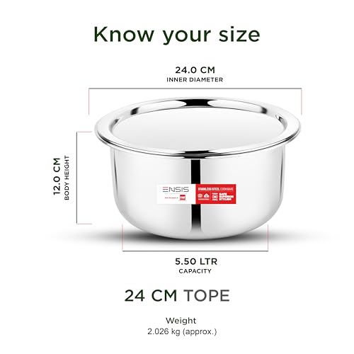 Image of ENSIS Triply Stainless Steel Tope with Lid 24 cm 5.5 litres Induction Bottom Patila for Kitchen Cooking Heavy Duty 3 Ply Construction Even Heat Distribution 5 Year Warranty