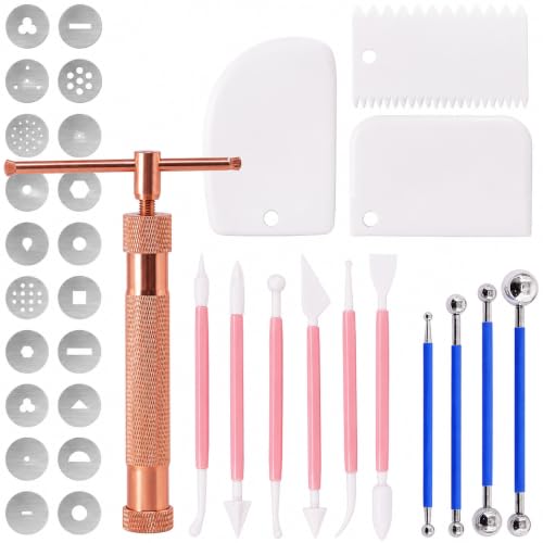 Image of Professional 35 Pcs Stainless Steel Clay Extruder Sugar Paste Extruder Cake Fondant Decorating Tool Set Ceramics & Pottery Clay Extruders Mixers & Presses (Pink)