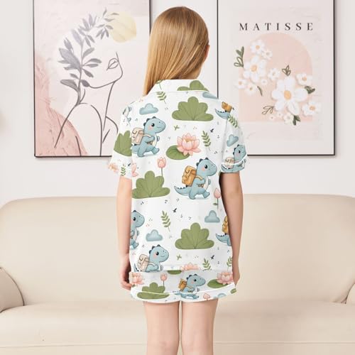 ALAZA Dinosaur Water Lily Cloud Pajamas Satin Pajama Set Short Sleeve Button Down Sleepwear4